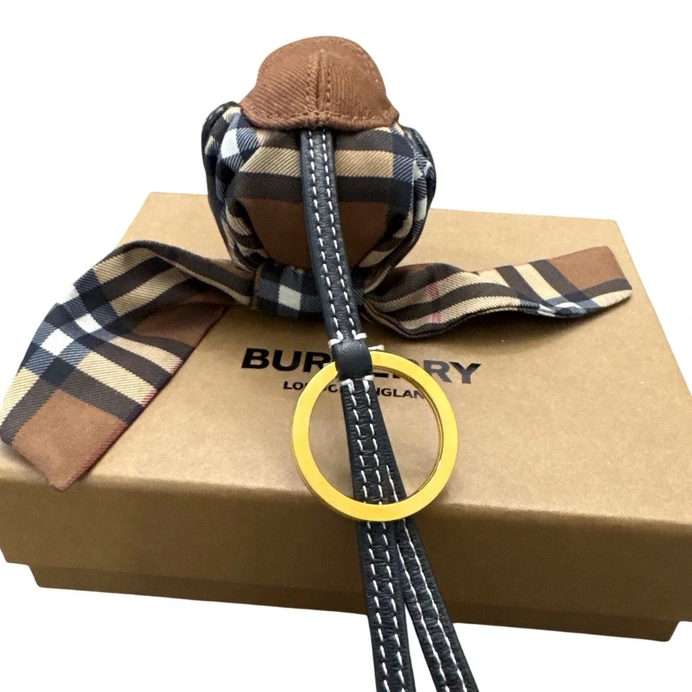 Burberry Thomas Bear Bag Charm Keychain Brown Cap Check Scarf Leather w/ Box - Picture 7 of 10